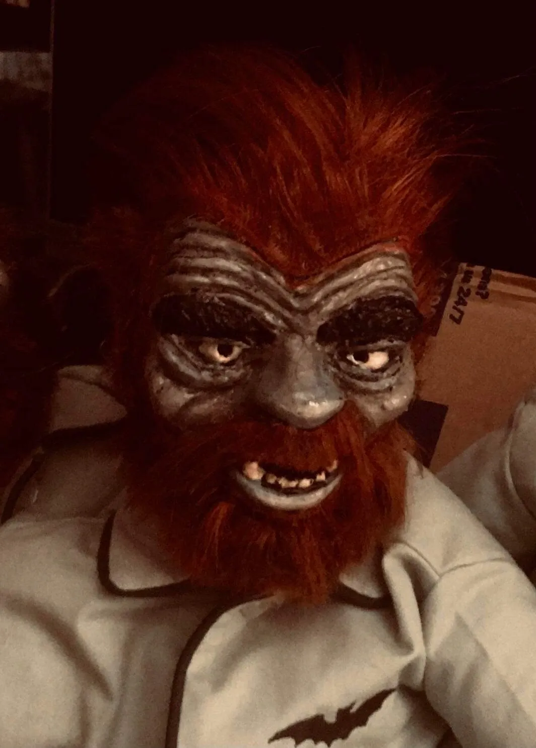 A man with red hair and a beard wearing a mask.