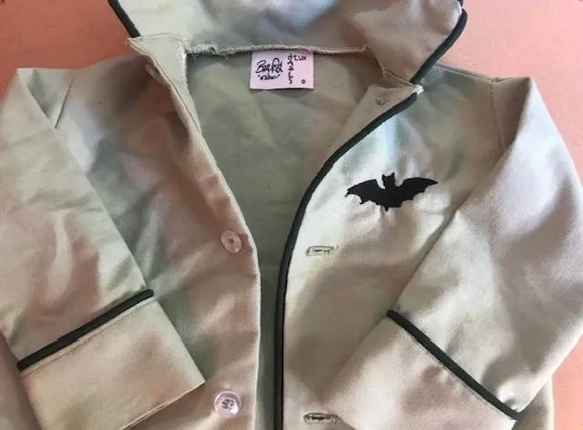 A close up of the jacket with a bat on it